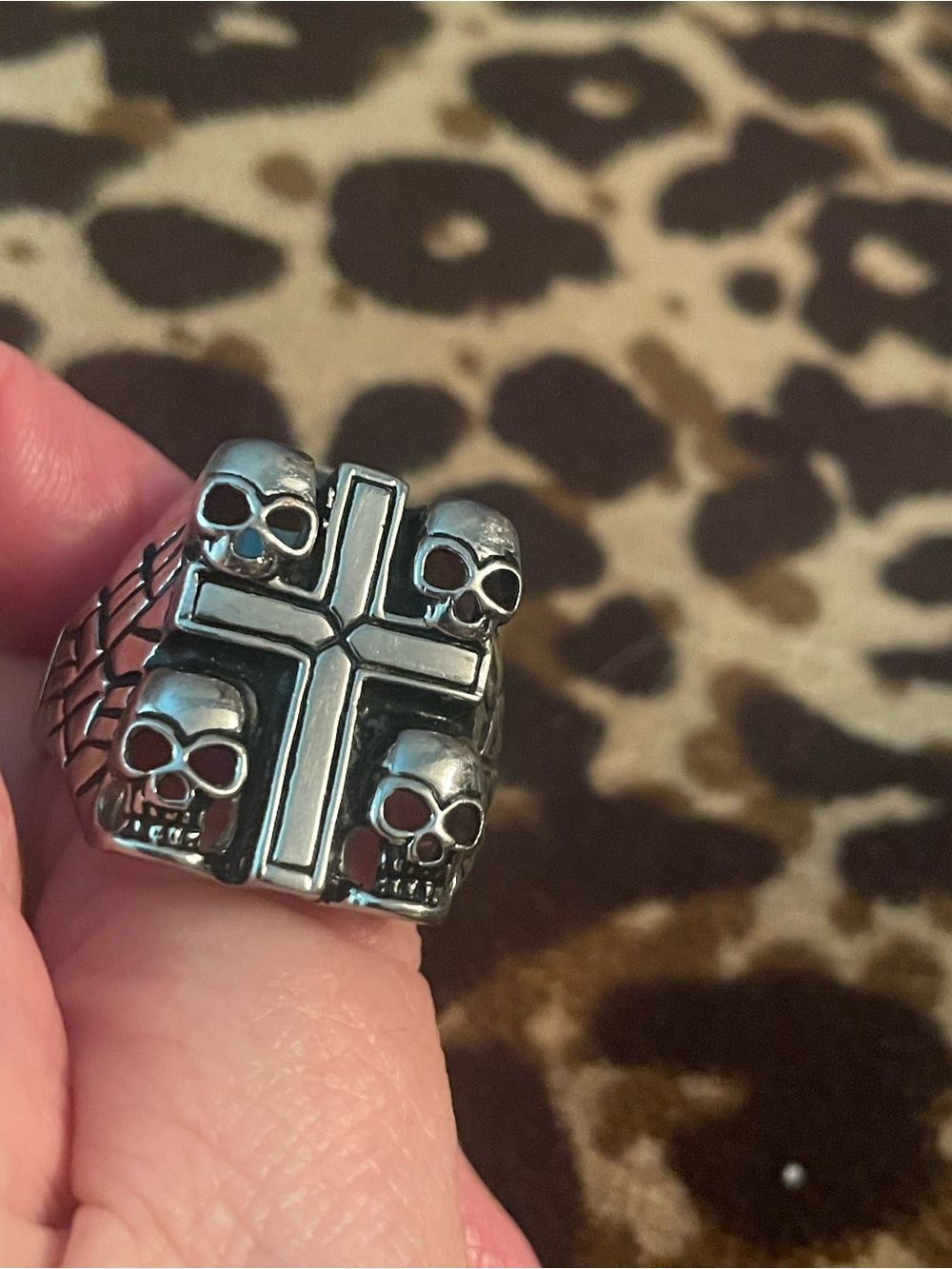 Men's Stainless Steel  Cross & Skull Statement Ring Sz 14.75